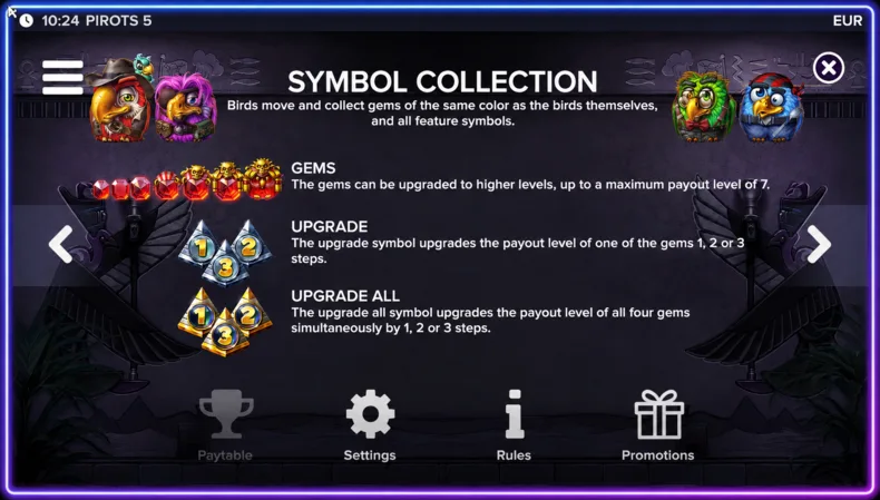 Pirots 5 symbol collection screen showing gem upgrades and CollectR™ progression