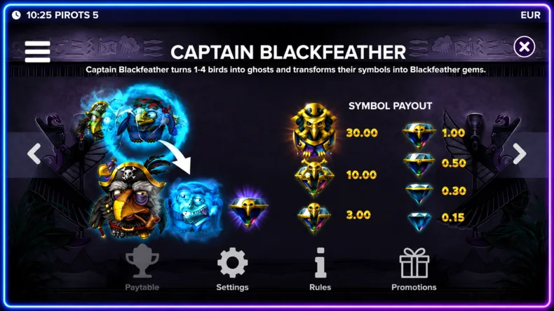 Captain Blackfeather feature transforming birds into Blackfeather Gems in Pirots 5