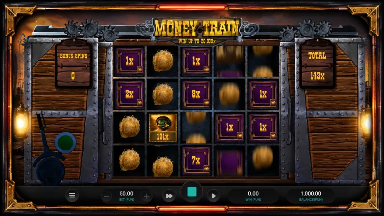 Original Money Train bonus round with multiplier symbols and 20,000x max win