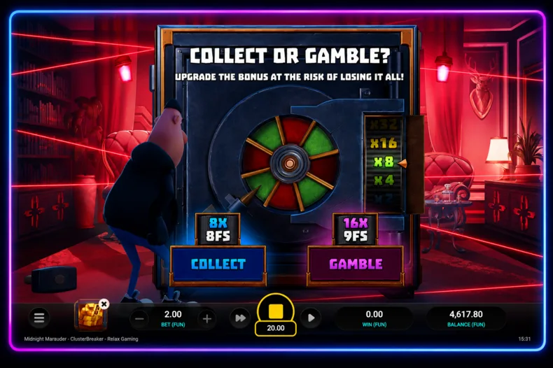 Midnight Marauder ClusterBreaker Collect or Gamble screen with 8x and 16x Free Spins options