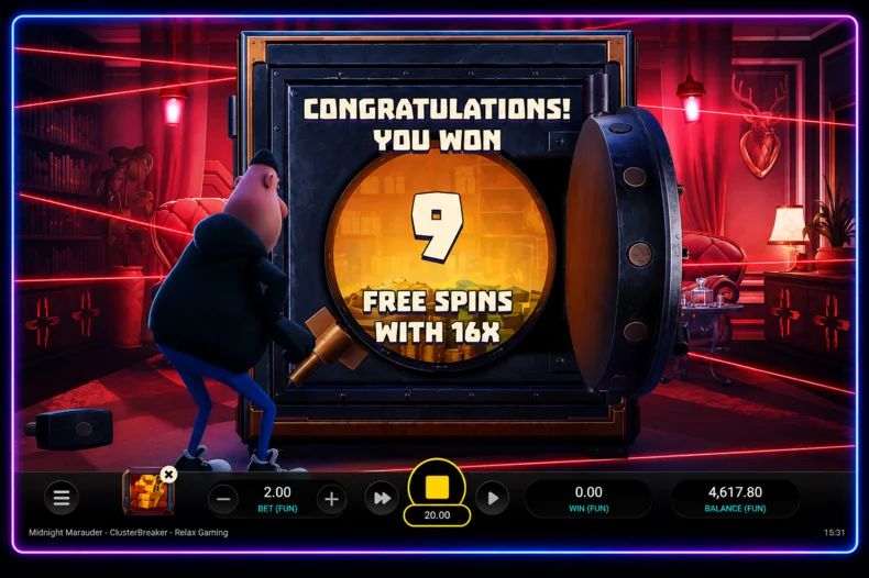 Midnight Marauder ClusterBreaker awarding 9 Free Spins with a 16x starting multiplier