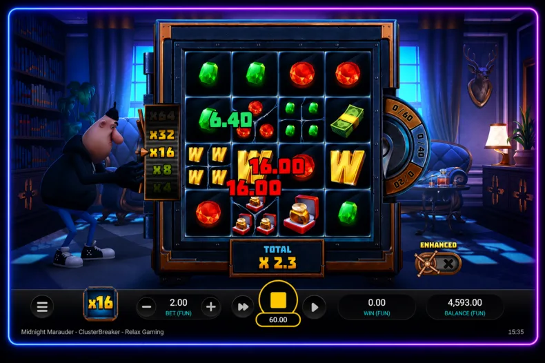 Midnight Marauder ClusterBreaker gameplay with a 16x Generation Multiplier and multiple winning clusters