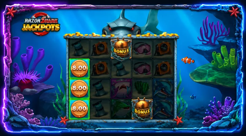 Razor Shark Jackpots Nudge and Reveal feature with instant prize coins and Bonus symbols
