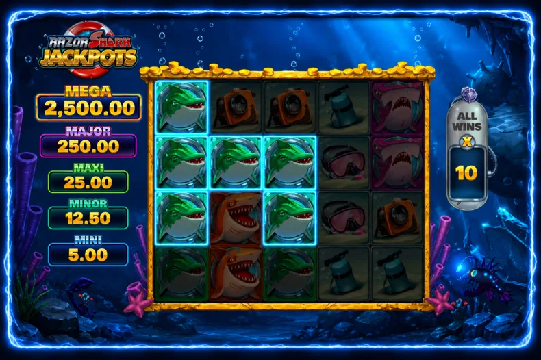 Razor Shark Jackpots Free Games with a 10x All Wins Multiplier and Mystery Symbols on the reels