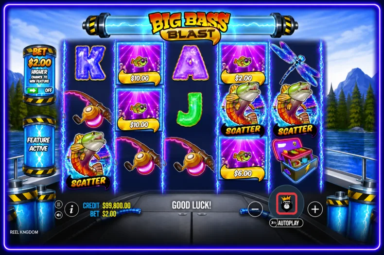 Big Bass Blast slot reels with fishing symbols, electric effects and Buy Free Spins option.