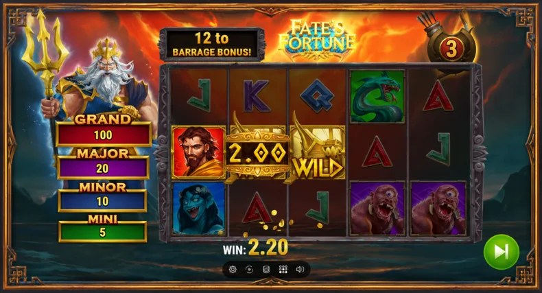 Fate’s Fortune Barrage Bonus with Ulysses symbol, Wild symbol and Poseidon prize tiers.