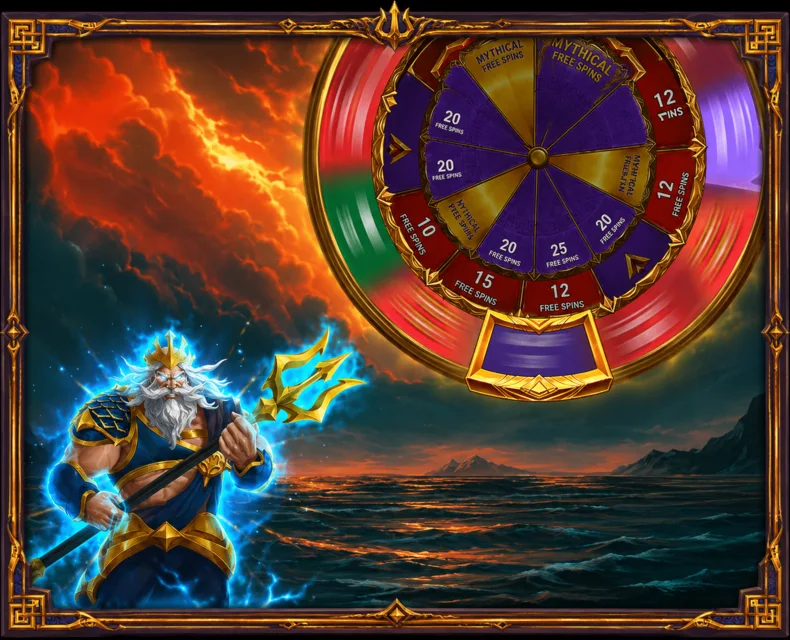 Fate’s Fortune Free Spins wheel with 10 to 25 spins and Mythical Free Spins sectors.