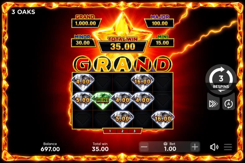 Grand slot Hold & Win bonus with three respins, fixed prize diamonds and the G-R-A-N-D progression grid.