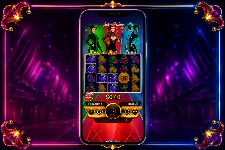 Joker Tricks mobile slot gameplay with Jinxie, Jest and Luna above the reels.