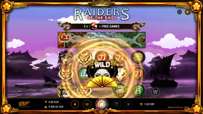 Raiders of the East Flying Wild feature with a geisha Wild symbol and upgraded premium symbols on the reels.