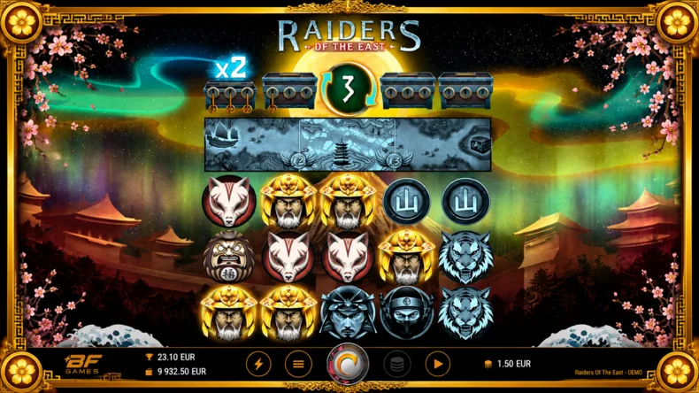 Raiders of the East Free Games with a 2× multiplier, three respins and premium character symbols on the reels.