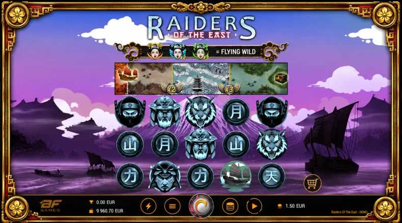 Raiders of the East Flying Wild progression showing upgraded Wild levels, premium symbols and the Shogun’s Treasure map.