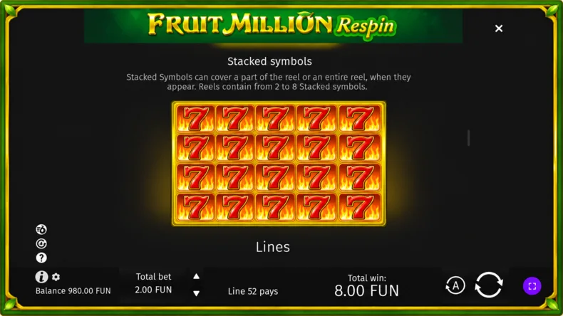 Fruit Million Respin stacked symbols covering the reels