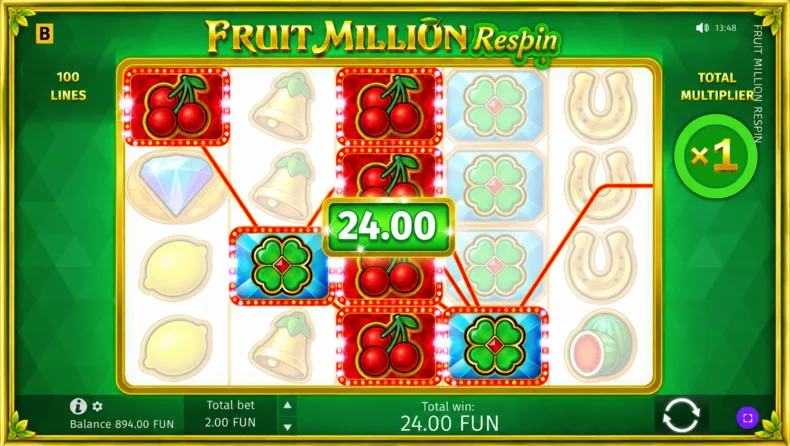 Fruit Million Respin winning combination with Wild symbols and 24.00 payout