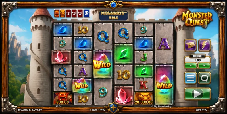 Monster Quest Megaways slot reels with Wild symbols and monster values