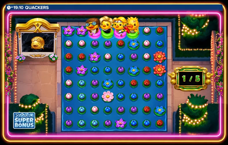 Quackers Super Bonus game on an 8×8 grid with all four Ducks active