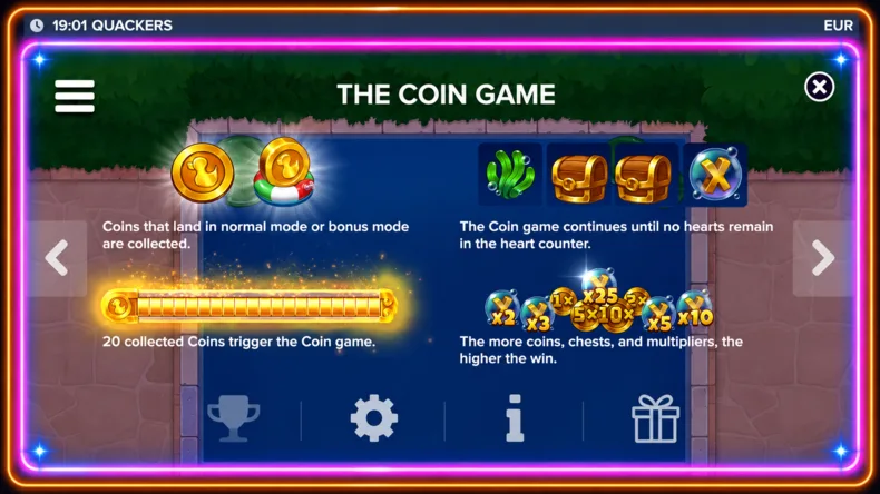 Quackers Coin Game screen showing the coin collection meter, multiplier symbols and bonus rewards by ELK Studios
