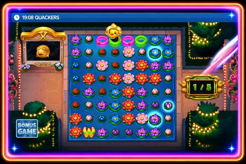 Quackers Bonus Game on an 8×8 grid with an active Duck feature