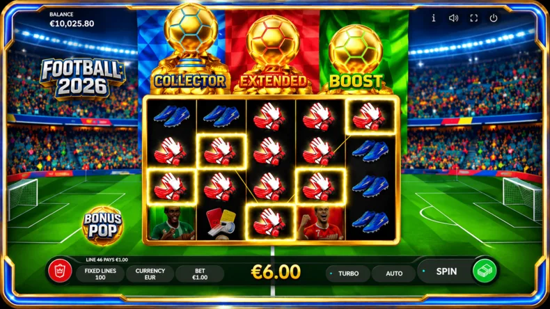 Football 2026 slot showing Collector, Extended and Boost bonus features