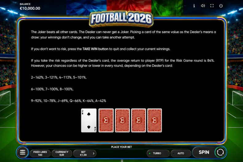 Football 2026 Risk Game showing card rules, Dealer probabilities and 84% round RTP