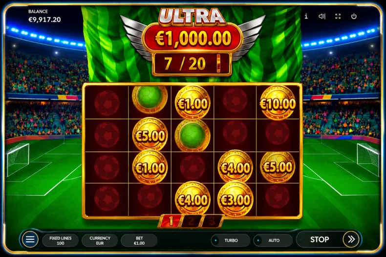 Football 2026 Ultra Jackpot feature with locked bonus symbols and cash values