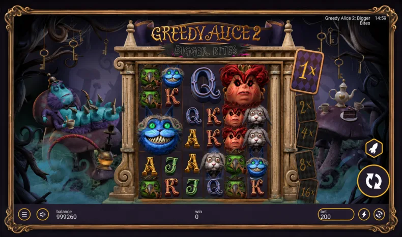 Greedy Alice 2: Bigger Bites slot showing oversized mystery symbols and the multiplier ladder