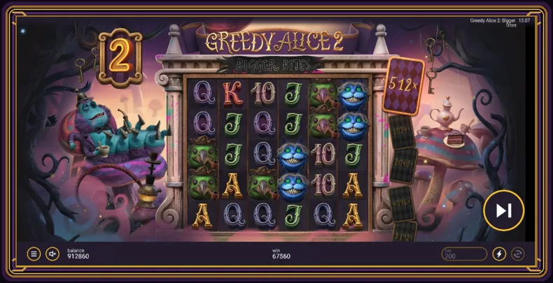 Greedy Alice 2: Bigger Bites gameplay showing the multiplier reaching 512× during a cascade sequence