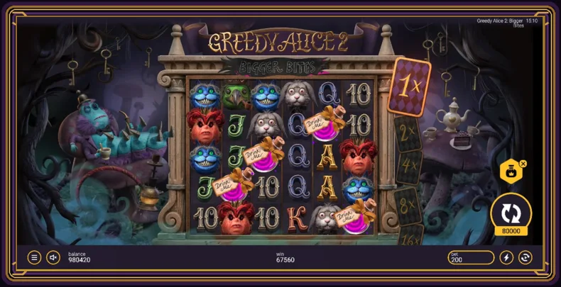 Greedy Alice 2: Bigger Bites showing Free Spins triggered by Scatter symbols on the 5×6 grid