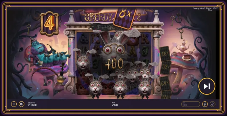 Greedy Alice 2: Bigger Bites showing Super Free Spins with expanding rabbit symbols and an 8× multiplier