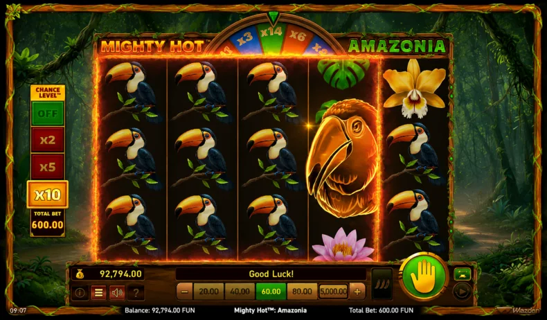 Mighty Hot: Amazonia showing a Wall of Toucan symbols with a randomly awarded 14× multiplier on the Fortune Wheel