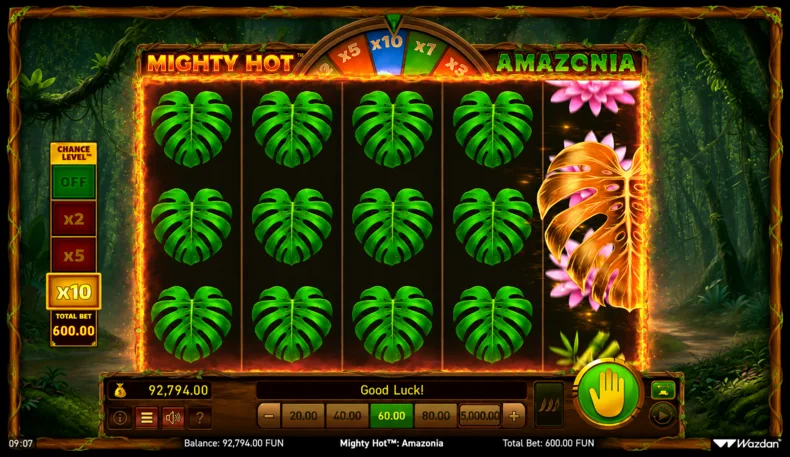 Mighty Hot: Amazonia showing a Wall of Monstera symbols with a randomly awarded 10× multiplier on the Fortune Wheel