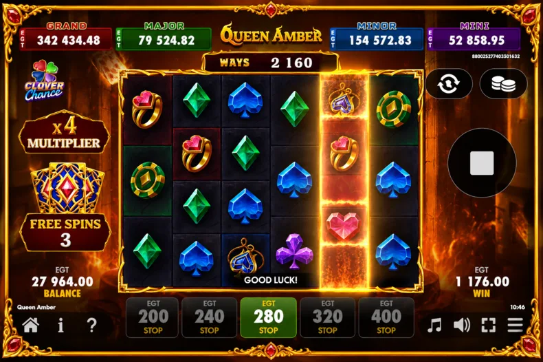 Queen Amber slot showing an expanding Wild reel during the Free Spins feature with a 4× multiplier active