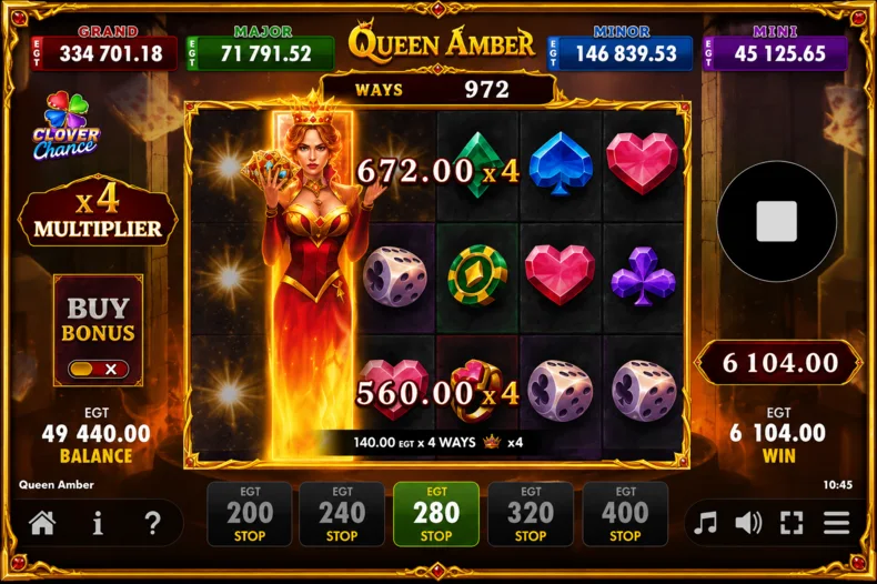 Queen Amber slot showing the expanding Queen Amber Wild with a 4× multiplier during a winning cascade