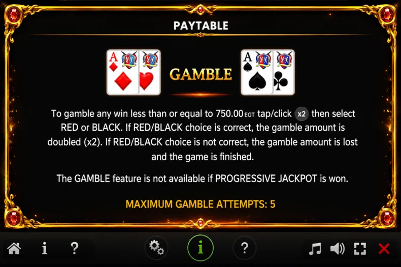 Queen Amber paytable explaining the Gamble feature, where eligible wins can be doubled by choosing red or black up to five attempts