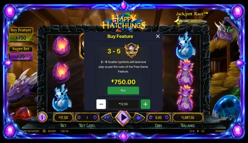 Happy Hatchlings slot Buy Feature window showing instant access to the Free Games feature