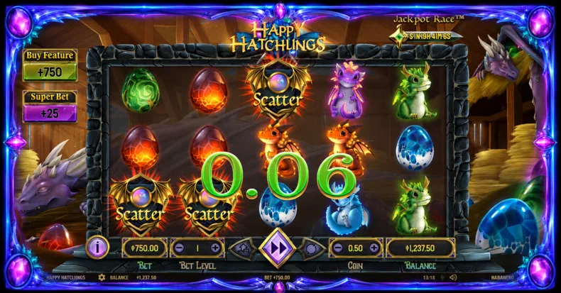 Happy Hatchlings slot showing three Scatter symbols triggering the Free Games feature on the 5×3 reels