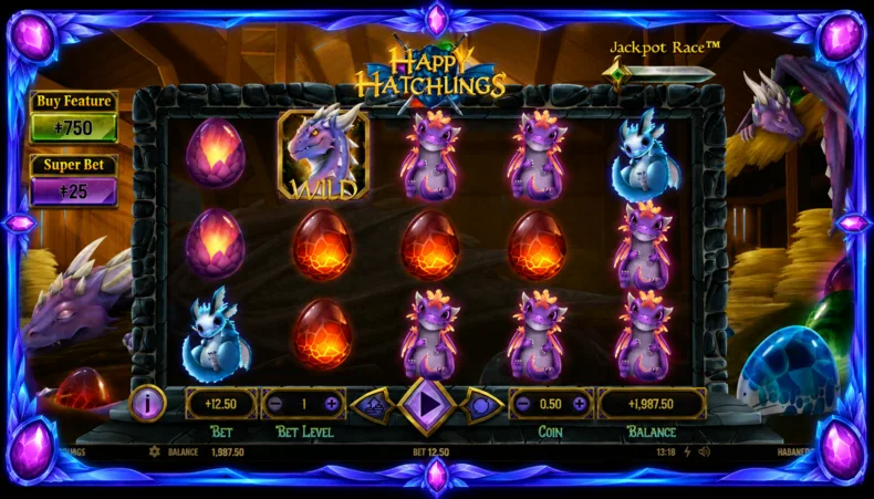 Happy Hatchlings slot showing the Ice Mother Wild symbol transforming matching egg symbols into dragon symbols during gameplay