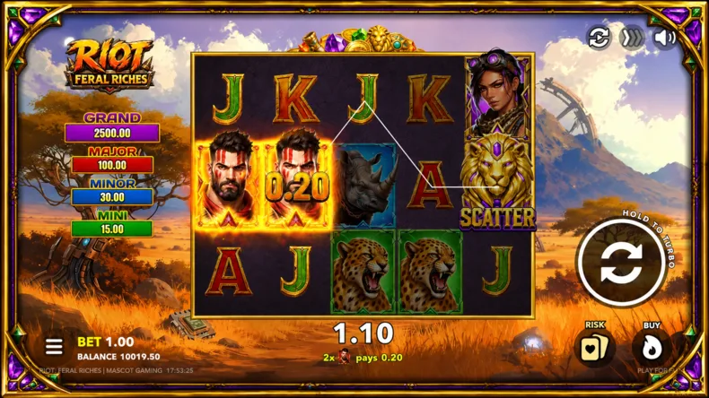 Riot: Feral Riches winning combination with character symbols and Scatter