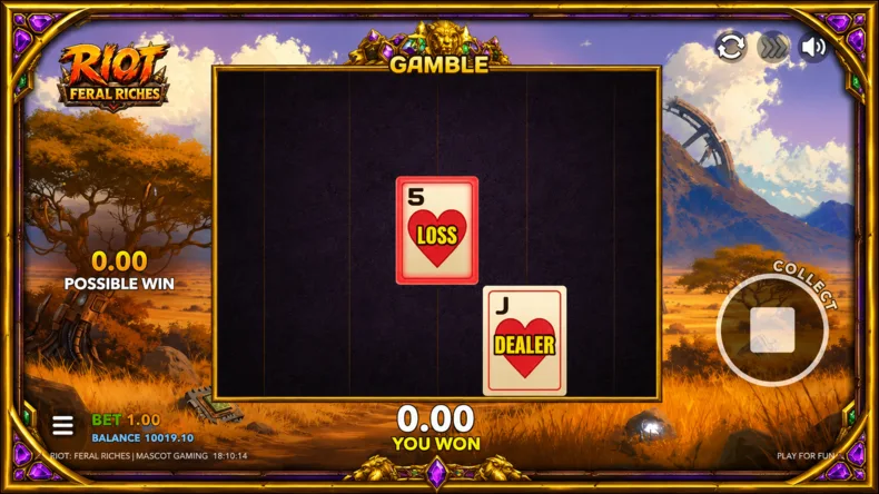 Riot: Feral Riches Risk Gamble feature showing a losing card