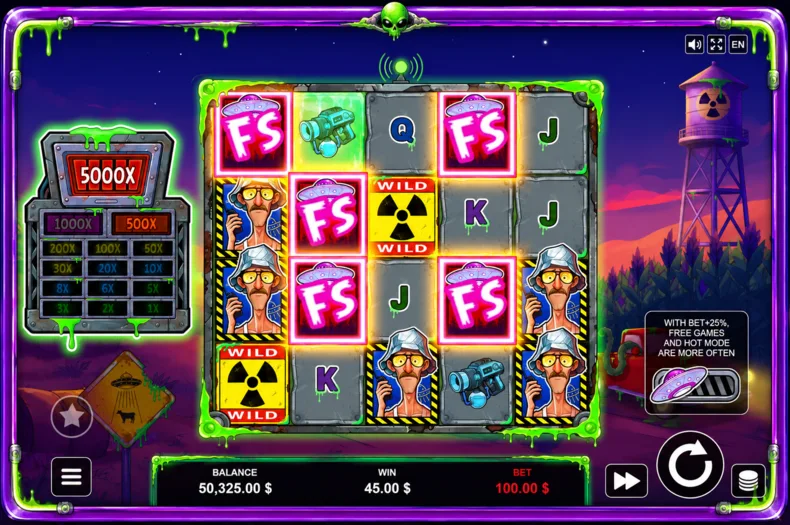 Slime Bonanza slot showing the Free Games trigger with Scatter symbols, Wilds and the Hot Mode feature.