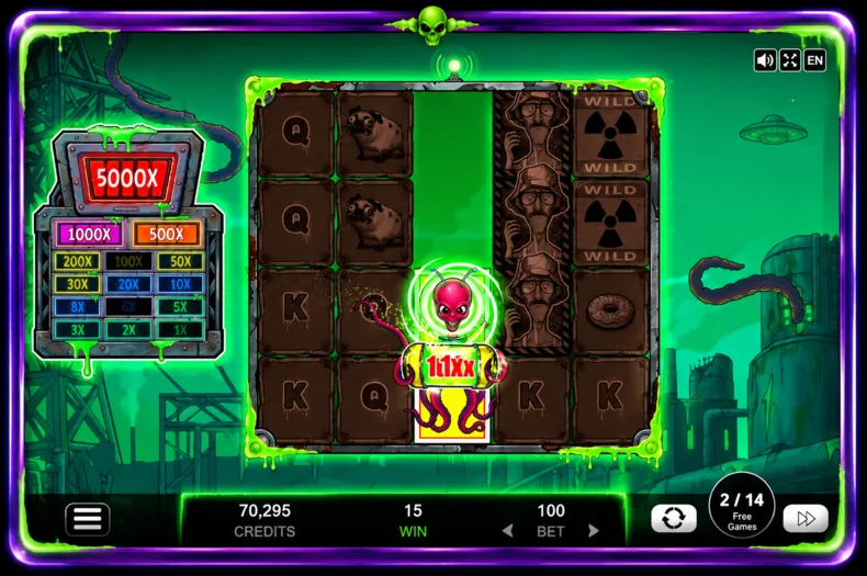 Slime Bonanza by Belatra Games showing the Collector awarding a 111× instant prize during Free Games.