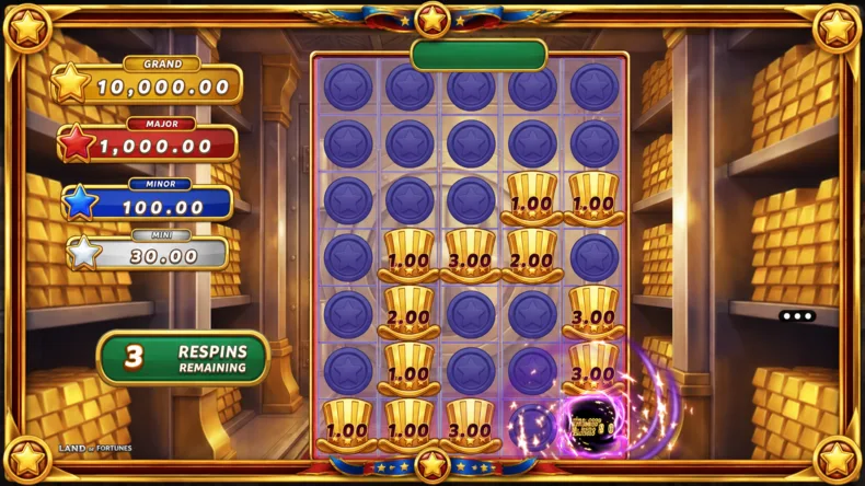 Land of Fortunes by Microgaming showing the Hold & Win feature with Cash Coins, locked positions and three respins remaining.