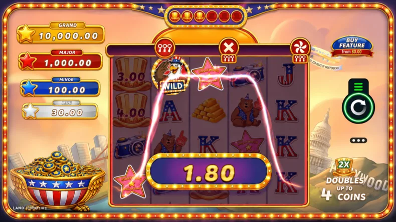 Land of Fortunes by Microgaming showing the 2× Multiplier Booster doubling Cash Coin values during the Hold & Win feature.