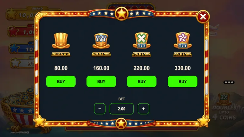 Land of Fortunes by Microgaming showing the Buy Feature menu with Hold & Win, Max Mode, Multiplier Mode and Collect Mode purchase options.