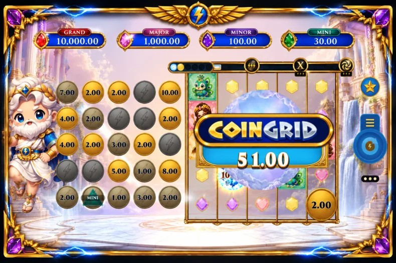 Bolts of Zeus Coin Grid by Microgaming showing the Coin Grid progression with collected Coins and a running total of 51.00.