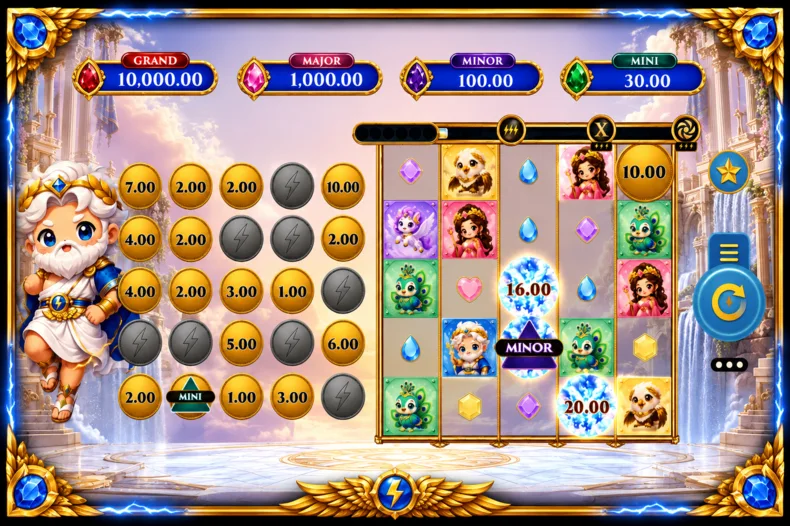 Bolts of Zeus Coin Grid by Microgaming showing a Minor Jackpot Coin alongside Cash Coins during the Coin Grid feature.