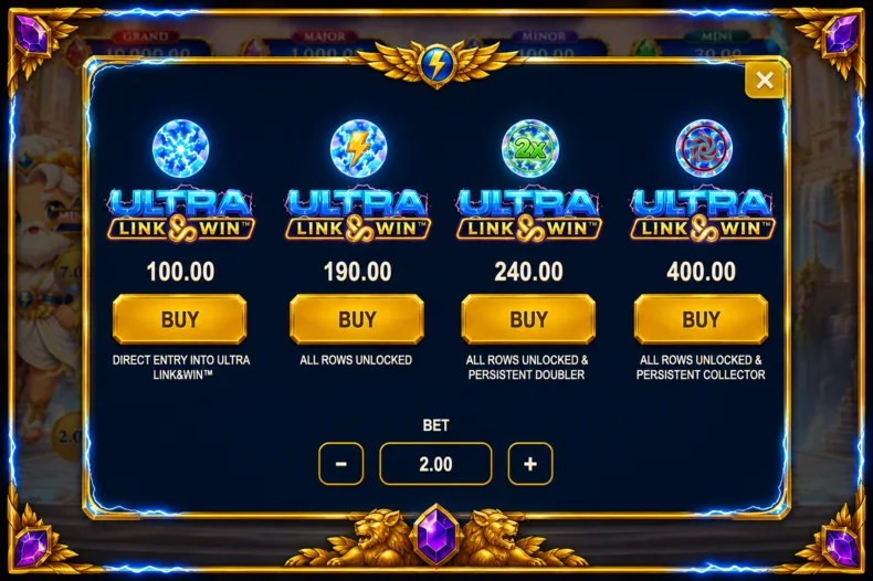 Bolts of Zeus Coin Grid by Microgaming showing four Buy Feature options for ULTRA Link&Win, including Max, Multiplier and Collect modes.