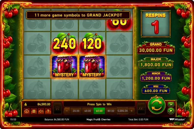 Magic Fruit$: Cherries by Wazdan showing the Hold the Jackpot™ bonus with Mystery symbols, Cash values and progress towards the Grand Jackpot.
