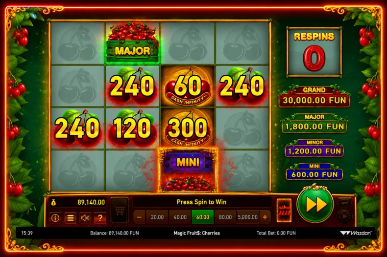 Magic Fruit$: Cherries by Wazdan showing the base game with Cash Out, Cash Infinity™ and the highlighted bonus trigger area.