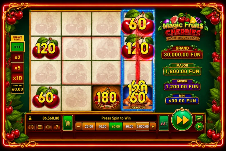 Magic Fruit$: Cherries by Wazdan showing the Cash Out feature collecting Cash symbol values from the same column alongside Cash Infinity™.